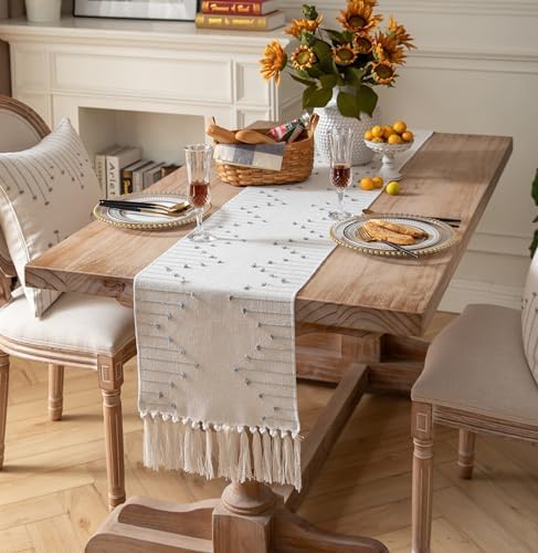 Boho Table Runner 13 x 90 Inch Long Natural Cotton Woven Runner with Tassels for Home Dining Table décor, for Modern Farmhouse Decor Coffee Table Runner, Grey and Beige