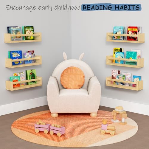 Harwaya Floating Nursery Book Shelves for Wall, Natural Wood Wall Bookshelf for Kids Room Bedroom, Small Wooden Hanging Baby Book Shelf and Toy Organizer for Nursery Girl Boy Toddler Child - Set of 3