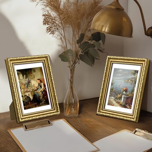 eletecpro 4x6 Vintage Picture Frame, Glass Cover, Gold, 2-Pack