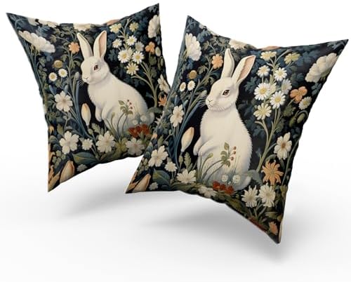 Giwawa 2PCs Easter Bunny Pillow Covers 20"x20" Cute Rabbit Boho Flowers Square Pillowcases Black Spring Floral Wildflower Cotton Throw Cushion Covers for Sofa Couch Patio Indoor Outdoor Decor