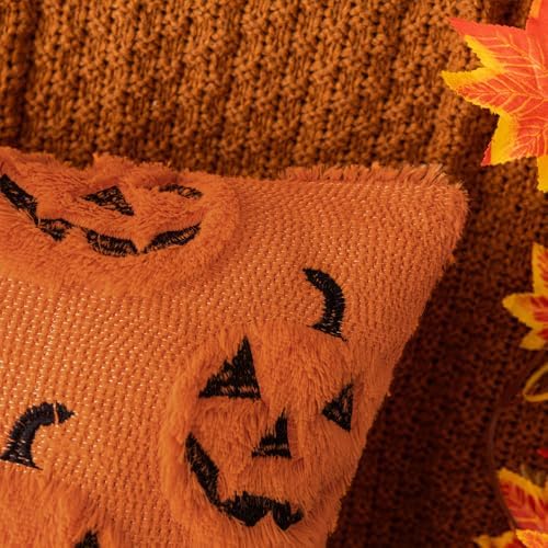 Orange Halloween Pumpkin Fall Throw Pillow Covers 20"x20" Set of 2 Soft Faux Fur Ghost Pillow Covers for Couch Sofa Bed, Cute Autumn Farmhouse Cushion Case for Holiday Home Living Room Decor
