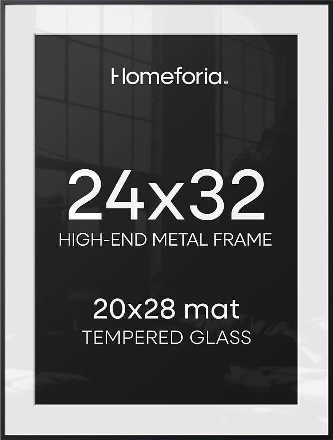 Homeforia 24x32 Black Poster Frame, High-End Metal, 20x28 Mat, Glass