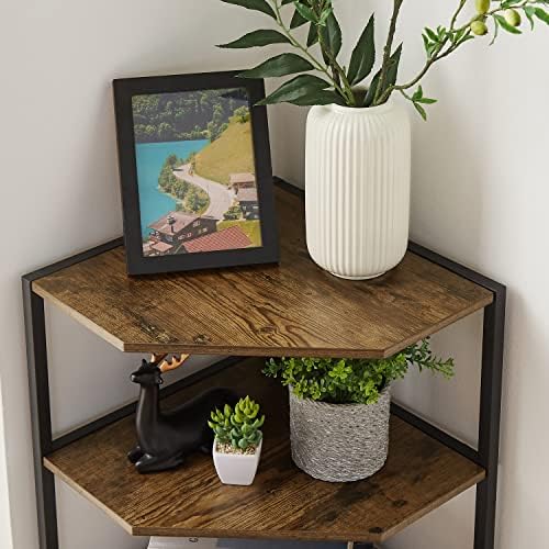 VECELO 31 Inch Corner Shelf, 4-Tier Display Shelves, Wood Storage Stand with Metal Frame, Multipurpose Shelving Unit for Small Space, Home Office,Antique Brown