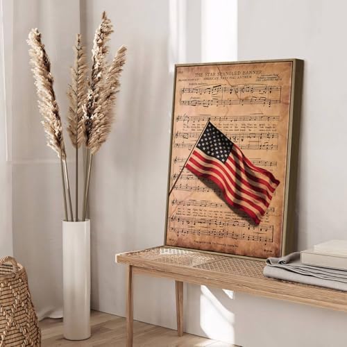 American Flag Framed Canvas Wall Art, 4th of July Patriotic Canvas Prints | Sheet Music Poster Print, Vintage Independence Day Wall Decor for Bedroom Living Room Office 24×32in