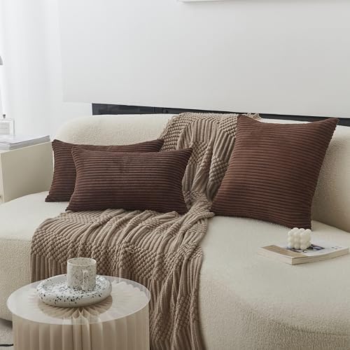Home Brilliant 2 Packs Throw Pillows Covers 16x16 Striped Velvet Sofa Pillows Decorative Sets, 40cm, 16 x 16 Inch, Brown
