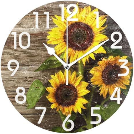 Naanle Stylish 3D Beautiful Sunflowers Vintage Wood Autumn Round Wall Clock, 9.5 Inch Battery Operated Quartz Analog Quiet Desk Clock for Home,Office,School