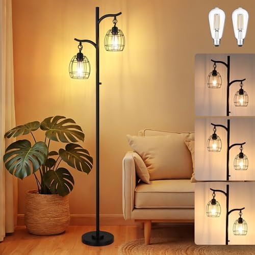 9MMML Floor Lamp for Living Room, Farmhouse Industrial Dimmable Floor Lamps with 2 Hanging Teardrop Cage, Vintage 67'' Tall Black Tree Standing Lamp for Bedroom Office, 2 x 800LM LED Bulbs Included