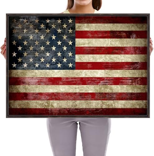 Pyradecor Walnut Framed Canvas Wall Art Old Vintage American Flag Canvas Prints Abstract Pictures Paintings for Office Home Decorations