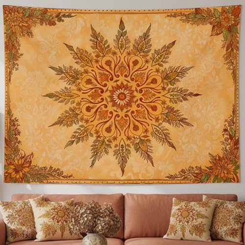 Accnicc Boho Mandala Floral Tapestry Vintage Bohemian Indian Tapestries for Bedroom Aesthetic Retro Orange Yellow Flower Extra Large Tapestry Wall Hanging for Dorm Living Room Decor 90 x 68 Inch