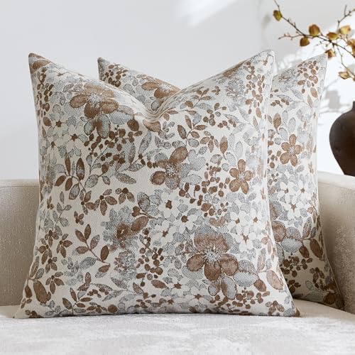 Vintage Floral Euro Sham Covers 24x24 Pack of 2 Country Farmhouse Accents Chenille Jacquad Decorative Square Throw Pillow Cases for Living Room Couch Bed Home Decor, Camel Khaki Tan