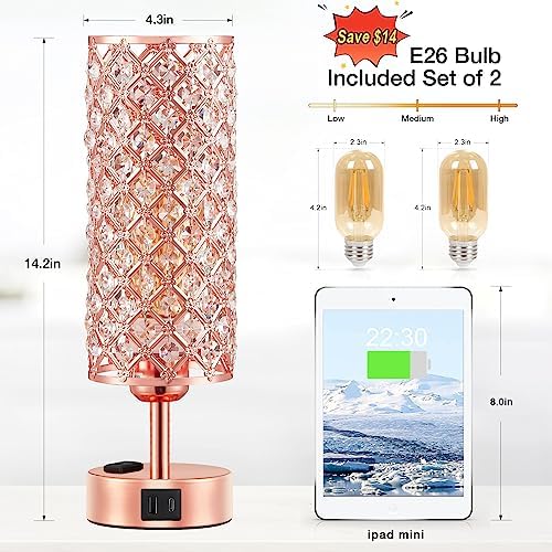 Hong-in Rose Gold Lamp Set of 2, 3-Way Crystal Table Lamp Touch Control with USB-C+A & AC Ports, Dimmable Nightstand Desk Light, Pink Bedside Table Lamp for Bedroom(Bulb Included & Set of 2)