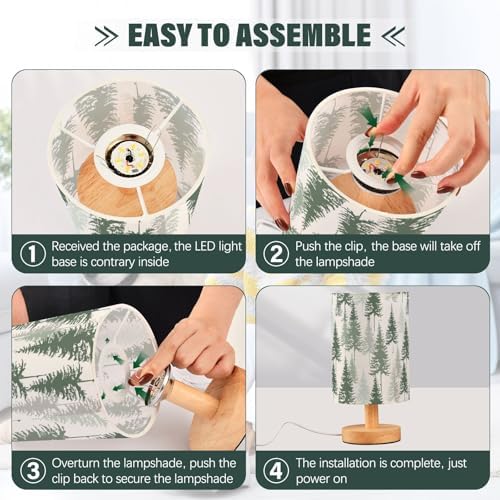 Green Pine Forest Pine Trees Table Lamp for Bedroom USB Port Lamps Small Accent Table Lamp Nightstand Lamp Study Linen Shade with Wooden Base, Decorative Lamps for Bedside Reading|Kids|Dorm|Home