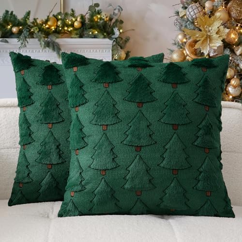 Kevin Textile Christmas Tree Pillow Covers 20x20 Inch Set of 2 Luxury Embroidery Soft Plush Faux Fur Decoration Pillowcases for Couch Sofa Holiday Festivals Winter Xmas Gift, Dark Green