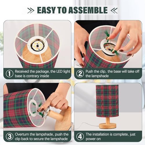 Fustylead Red and Green Plaid Table Lamp for Bedroom USB Port Lamps Small Accent Table Lamp Nightstand Lamp Sturdy Linen Shade Wooden Base Decorative Lamps for Bedside Reading|Kids|Dorm|Home