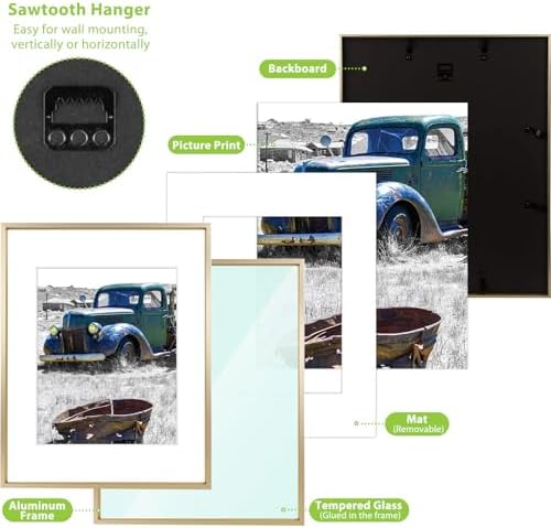 Golden State Art 11x14 Gold Aluminum Frame, Real Glass, Mat Fits 8x10