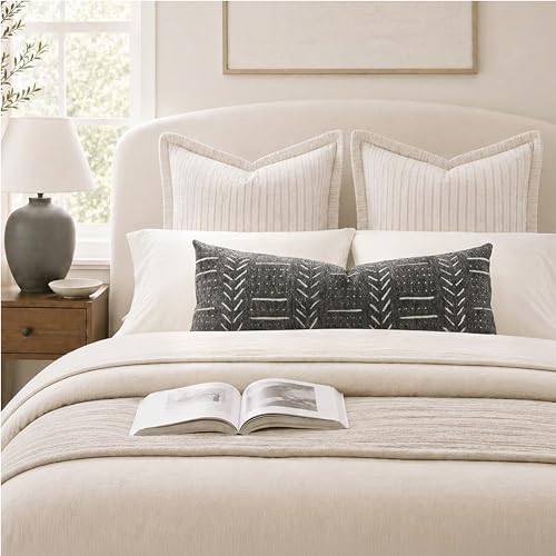 BlissBlush Long Lumbar Pillow Cover 14x36 for Bed, Soft Woven Chenille Textured Decorative Pillow Cover for Bedroom Couch Sofa, Farmhouse Boho Accent Cushion Cover, Charcoal Gray