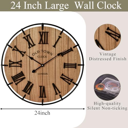 EMAX HOME 24 Inch Large Farmhouse Wall Clock, Natural Wood Grain Face with Black Metal Frame, Silent Non-Ticking Quartz Movement, Vintage Wall Decor for Living Room, Bedroom, Dining Room