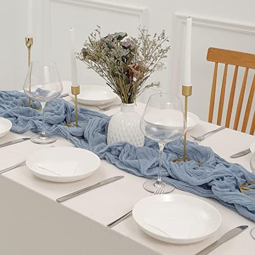 DOLOPL Dusty Blue Cheesecloth Table Runner for Gender Reveal Decorations 13.3ft Boho Gauze Cheese Cloth Table Runner Rustic Sheer Runner 160inch Long for Wedding Bridal Baby Shower Decorations