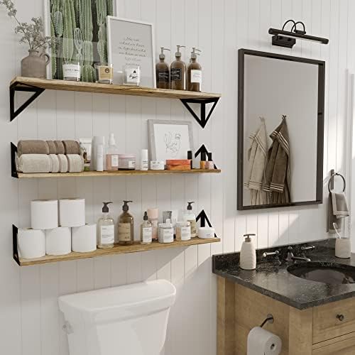 Wallniture Minori Wall Bookshelves for Living Room Decor, 36" Floating Shelves for Bathroom, Kitchen, Bedroom, Floating Bookshelf Wall Storage, Set of 3 Natural Burned
