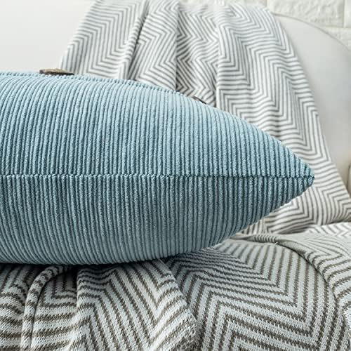 HWY 50 Light Blue Chenille Throw Pillow Covers 12x20 Inch Buttons Pack of 2