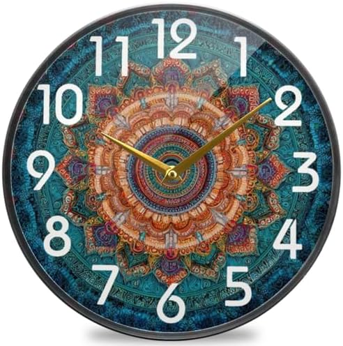 Naanle Vintage Mandala Pattren Round Wall Clock, 9.5 Inch Silent Battery Operated Quartz Analog Quiet Desk Clock for Home,Office,School