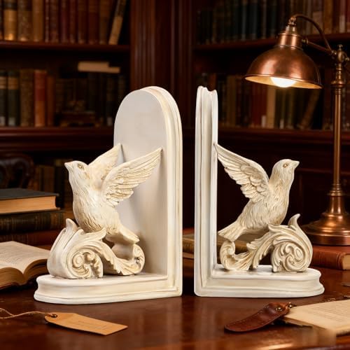 2PCS Vintage Bookends White Resin Decorative Bookends with Bird Bookends for Kids Rooms Decorative Book Ends for Heavy Books (White Bird)