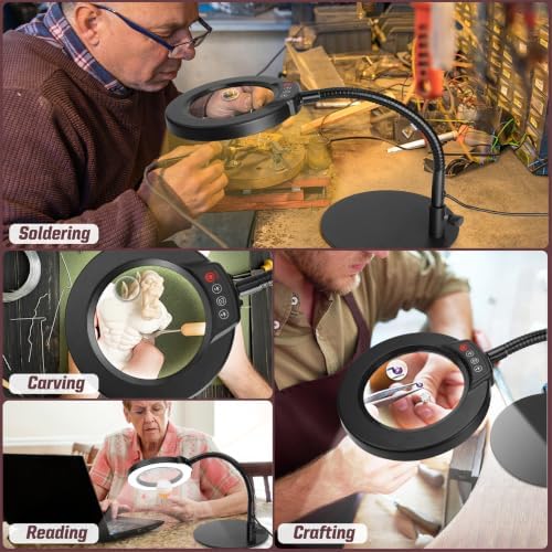 30X 10X Magnifying Glass with Light and Stand, 5 Color Modes Stepless Dimmable LED Lighted Desk Lamp, Hands Free Magnifier with Flexible Goose-Neck for Craft Hobby Painting Sewing Close Work - Black