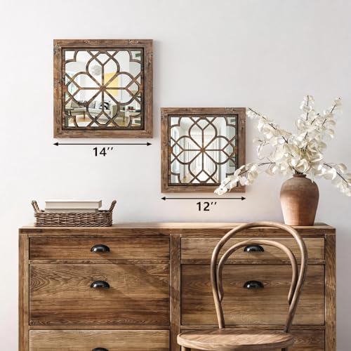 Set of 4 14 Inch Square Redbrown Window Pane Wall Mirrors, Shatterproof Rustic Farmhouse Boho Vintage Decorative Mirrors for Living Room Bedroom Bathroom Entryway