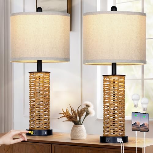 CINSARY 27" Boho Rattan Table Lamps Set of 2, Coastal Bedside Lamp with Night Light, Woven Wicker Bedroom Nightstand Lamps with USB A+C Charging Port, Tall Farmhouse Lamp for Living Room End Table