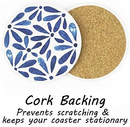 AD Set of 6 Coasters for Drinks Absorbing Round Ceramic Stone Coaster with Cork Base,Tabletop Protection Mat for Mugs and Cups,Office,Kitchen (Indigo Blue with Holder)