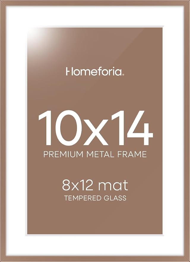 Homeforia 10x14 Mocha Picture Frame, High-End Metal, 8x12 Mat, Glass