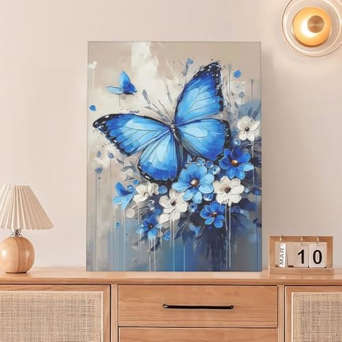 Crekviy Blue Butterfly Flower Wall Art Vintage Butterfly Pictures Wall Decor Canvas Prints Painting Artwork Decoration Girls Gifts for Bedroom Bathroom Living Room Framed 12"x16"