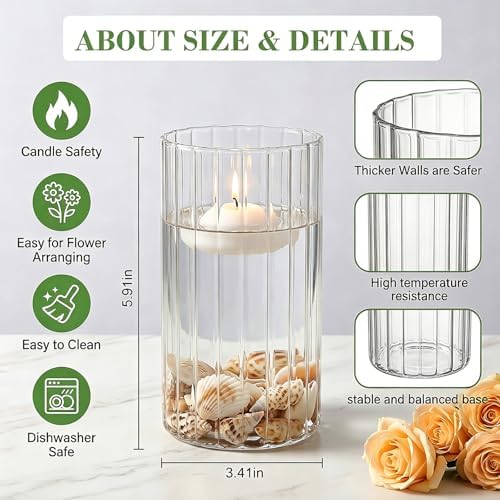 12 pcs Ribbed Glass Cylinder,6 inch Flower Vases for Centerpieces | Clear Glass Candle Cylinders, Flower Vase & Floating Candle Holder, Wedding Decorations, Dining Table & Home Décor Gift