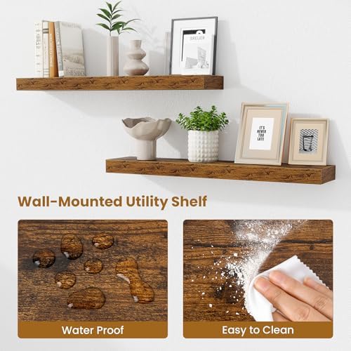 Fun Memories Bathroom Shelves 32 Inch Long Set of 2, Floating Shelves for Wall with Invisible Brackets, for Bedroom, Living Room, Kitchen, Rustic Brown