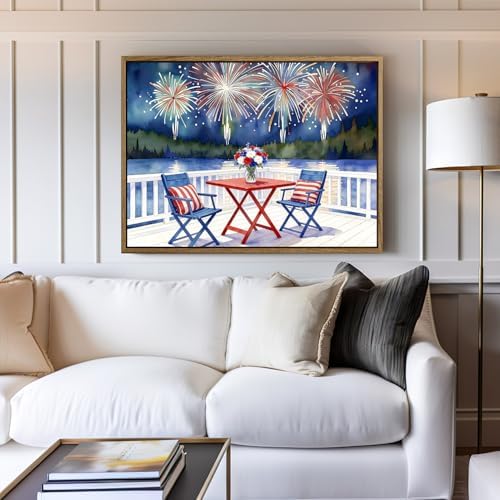 American Flag Framed Canvas Wall Art, 4th of July Patriotic Canvas Prints | Watercolor Lakefront Fireworks Poster Print, Independence Day Wall Decor for Bedroom Living Room 6×8in