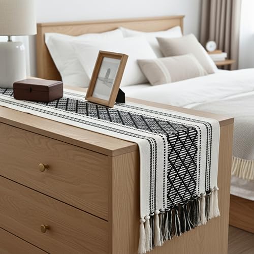 Coffee Table Runner 14 x 48 Inches Black & Cream Woven Washable Boho Tassel Dresser Scarf Topper for Furniture Farmhouse Short Table Cover with Fringe
