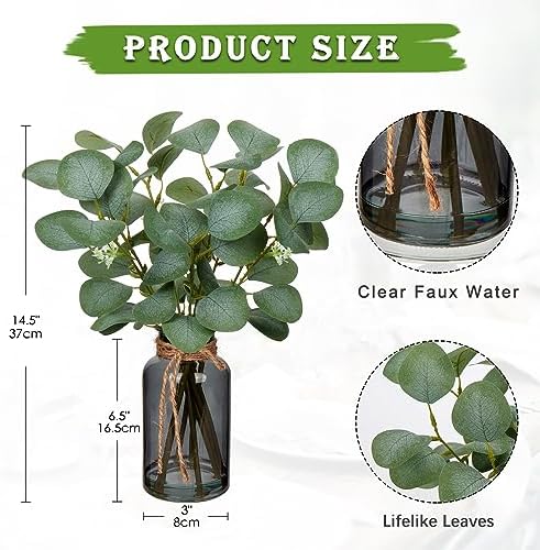 Artificial Eucalyptus Stems Fake Plants in Glass Vase with Faux Water