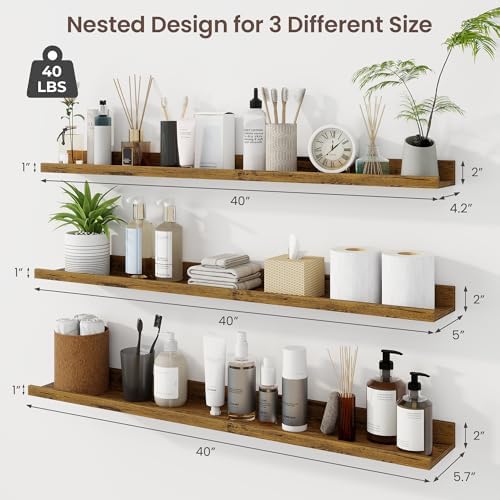 Axeman 40 Inch Floating Shelves, Brown Picture Ledge Shelf Set of 3