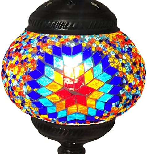 SILVERFEVER Handcrafted Mosaic Turkish Lamp Moroccan Glass Table Desk Bedside Light Bronze Base with E12 Bulb (Red Yellow Starburst Latter)