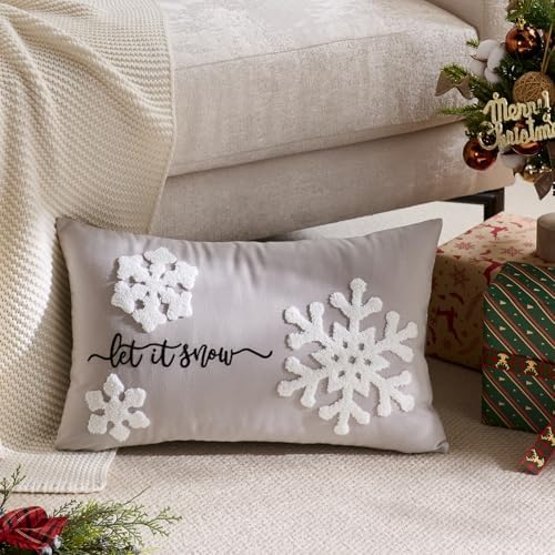 Gray Christmas Pillow Covers 12x20 Inch Embroidery Snowflake Xmas Decorative Lumbar Throw Pillow Cover Winter Holiday Pillow Case Cushion Cases for Sofa Couch Living Room Decorations Green