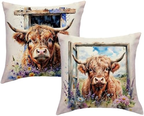 Highland Cow Decorative Throw Pillow Covers with Wildflowers 18x18 Inch Farmhouse Rustic Cushion Cover Western Cows Pillowcase 2Pack for Couch Sofa (Blue)