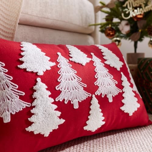 Red Christmas Pillow Covers 12x20 Inch Embroidery White Xmas Trees Decorative Lumbar Throw Pillow Cover Winter Holiday Pillow Case Cushion Cases for Sofa Couch Living Room Decorations