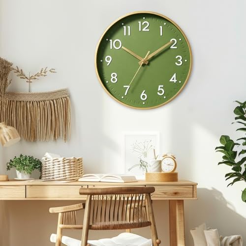 Mosewa 14 Inch Wall Clock Battery Operated Silent Non Ticking Analog | Olive green & gold modern clock; oversized 3D easy-read dial for kitchen, bedroom & office; 1 AA battery (not included)