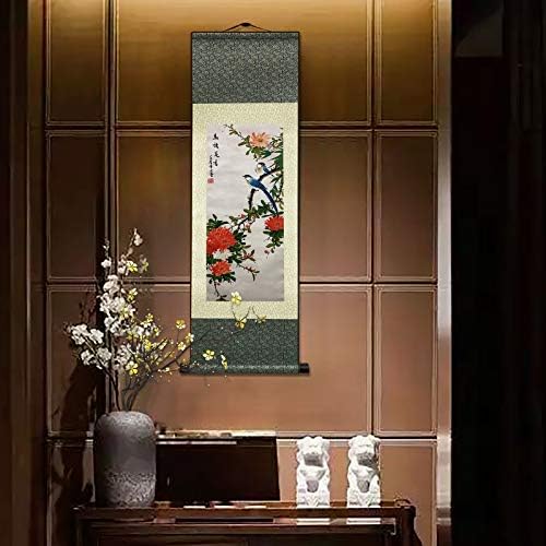 AtfArt Asian Wall Decor Beautiful Silk Scroll Painting Birds and Flowers - Bird Language Flower Fragrant Oriental Decor Chinese Art Wall Scroll Wall Hanging Painting Scroll (36.2 x 12 in)
