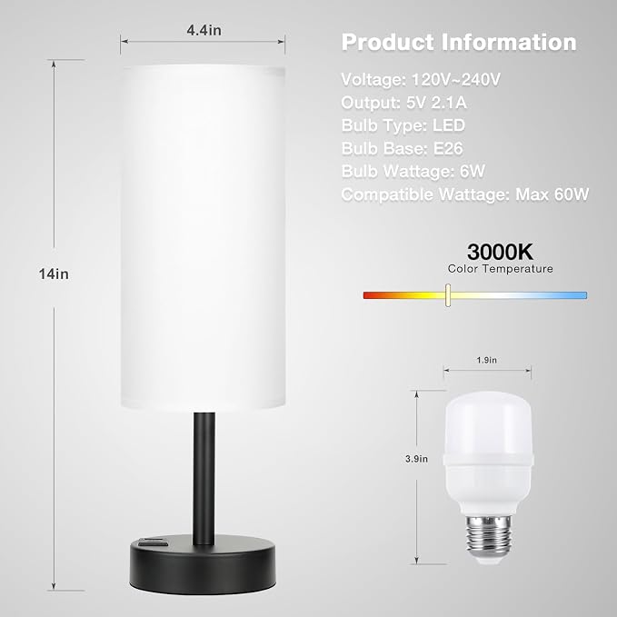 White Touch Table Lamp for Bedroom - Dimmable Bedside Desk Lamp for Kid