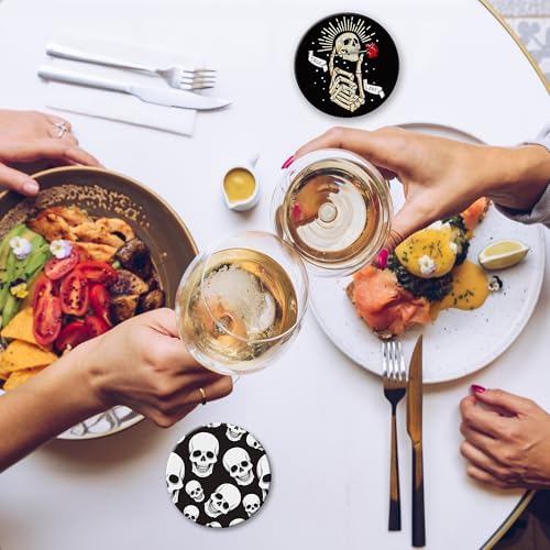 Coaster for Drinks Set of 6, Skeleton Skull Absorbing Round Ceramic Stone Coaster with Cork Base,Tabletop Protection Mat for Mugs and Cups,Coffee Table Wine Glass Home Bar 4 Inch