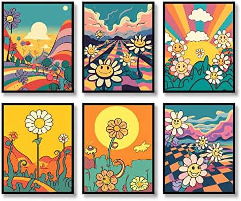 Hippie Wall Art Retro Wall Decor Prints Set of 6 Hippie Flower Canvas 60s 70s Vintage Posters Abstract Minimalist Inspirational Happy Face,Good day,Earth Day Photos Boho Positive Pictures for Living