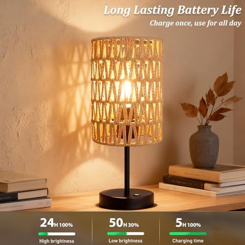 Rechargeable Outdoor Table Lamps, Rattan Boho Cordless Battery Operated Table Lamps, Patio Lamp for Living Room, Balcony, Bedside Decor- Set of 2 (Beige)