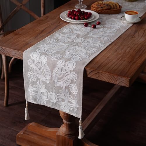 Embroidered Table Runner Boho Farmhouse Dresser Scarf, 14" x 56"