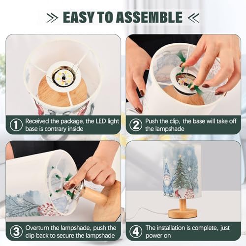 Winter Happy Gnomes Red Bird Xmas Tree Bedside Table Lamps with USB Port for Bedroom Lamp Accent Table Lamp Small Nightstand Lamp Sturdy Linen Shade Wooden Decorative Lamps for Home|Kids|Holiday